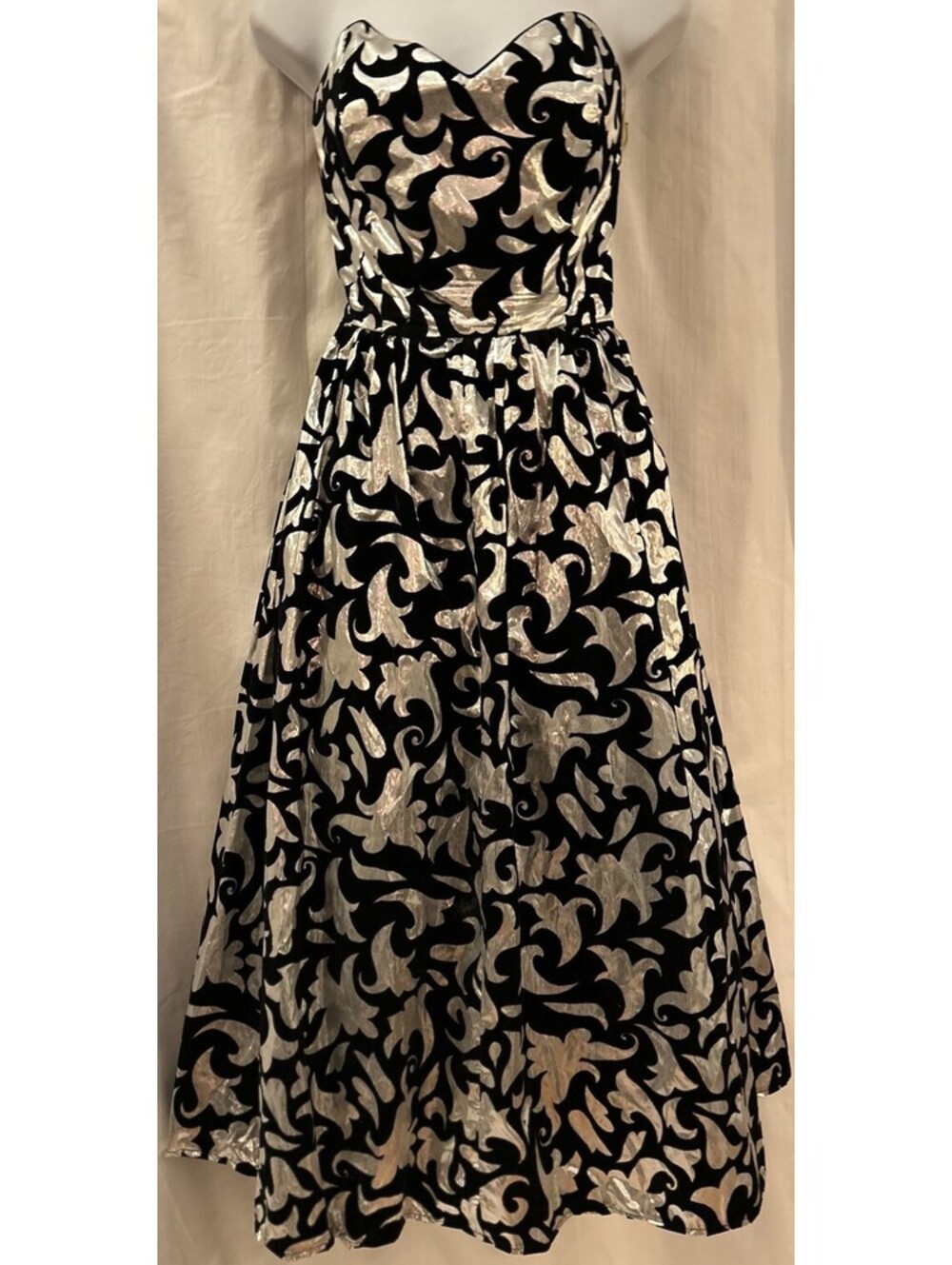 VTG 80s Prom LA Glo Silver Black Lame Velvet Strapless Tulle Formal Dress 9/10